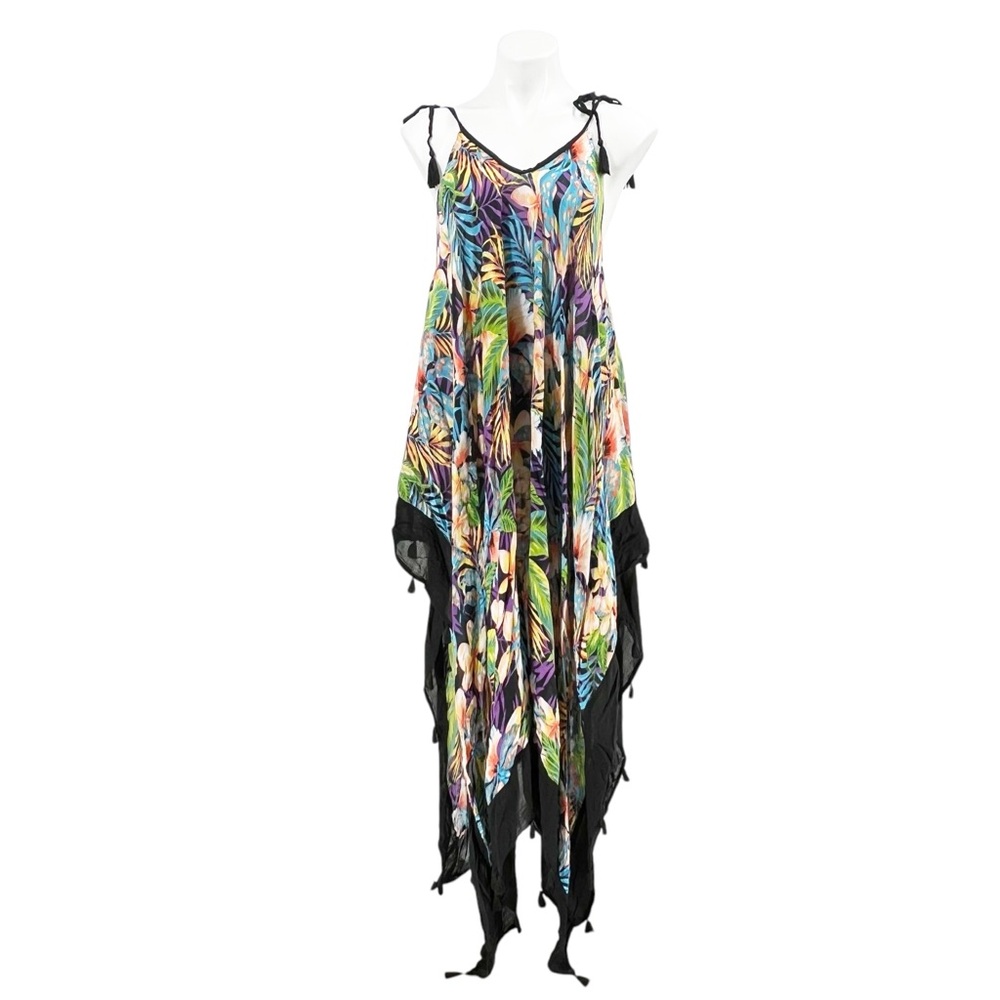 Vince Camuto Tropical Palm Handkerchief Hem Tassel Cover Up Dress One Size - Picture 3 of 9